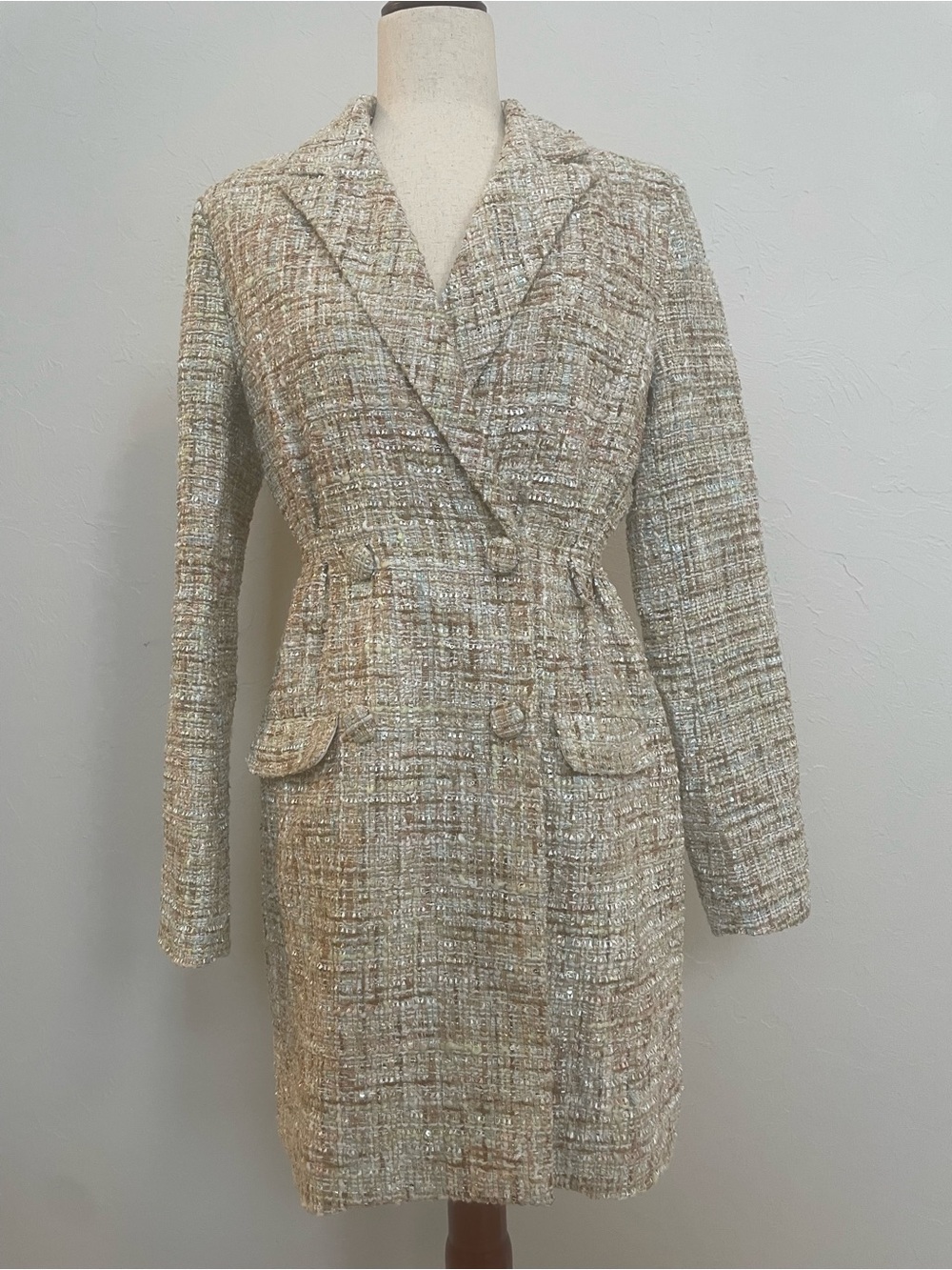Jason Wu Womens Boucle Tweed Longline Coat Cream Tan Metallic Sequins M Posh